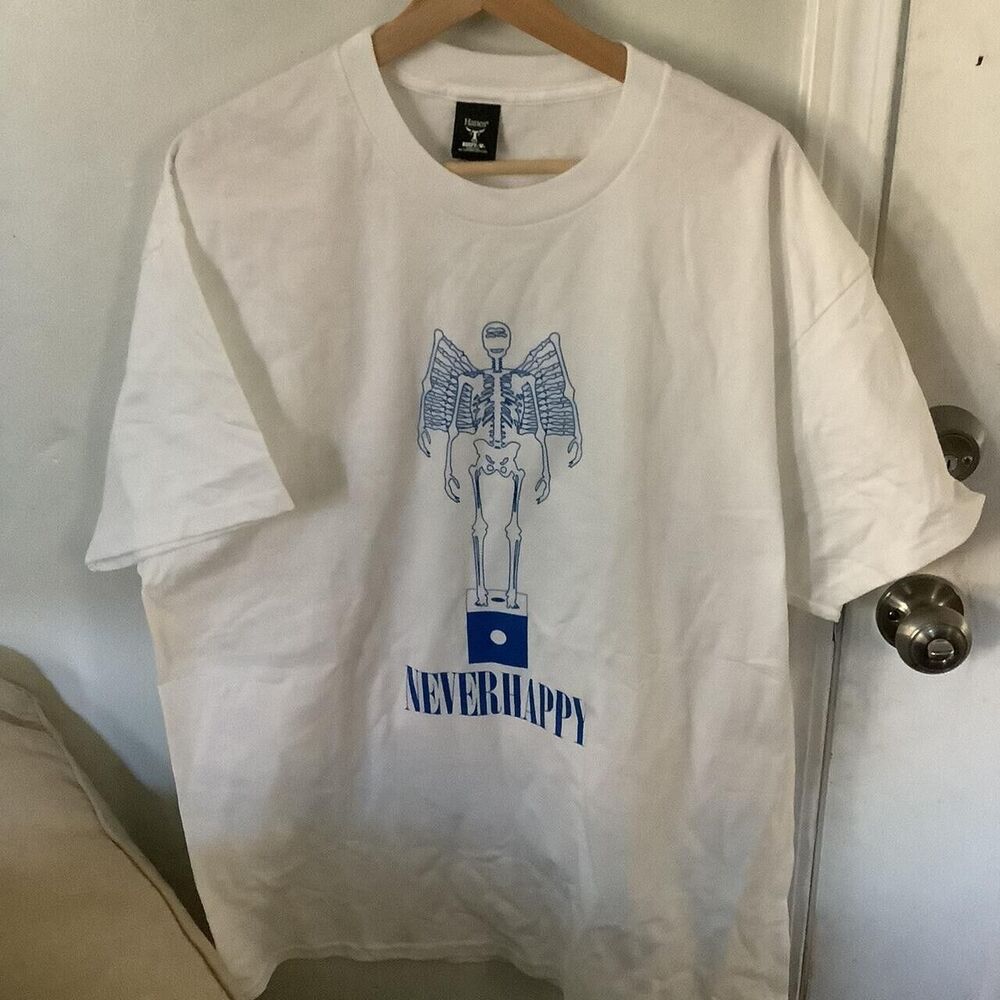 Neverhappy “die” white tee blue variant Art tee Edition of 2 per size per color